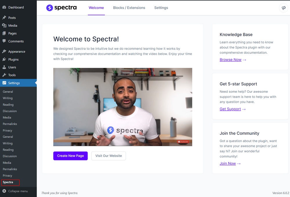 Spectra welcome page