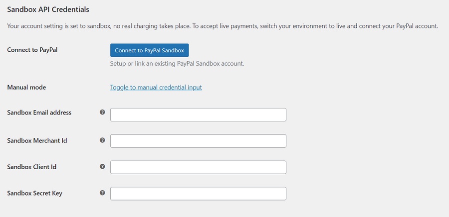 Toggle to manual credential input for paypal sandbox account in woocommerce
