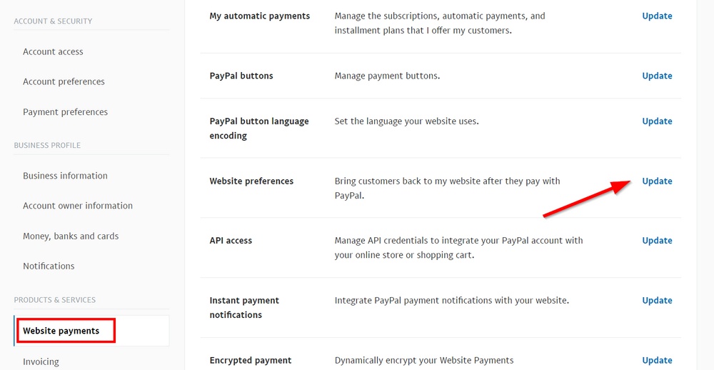 update paypal payment website preferences