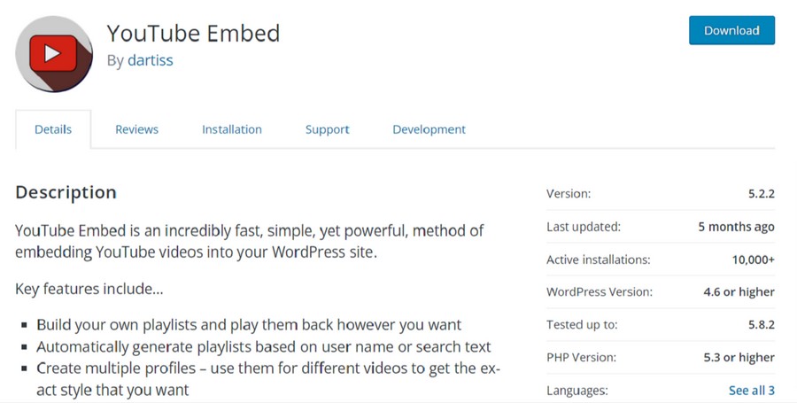 YouTube Embed plugin product page