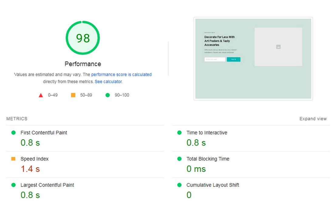 Brizy page speed insights test