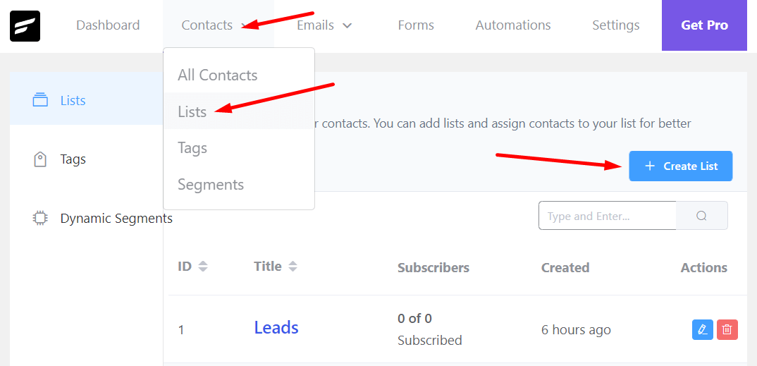 FluentCRM contact create list