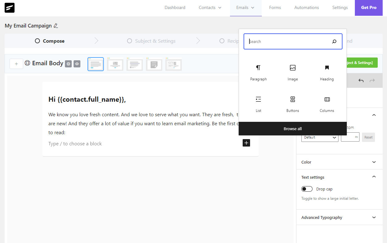 FluentCRM 电子邮件活动设置