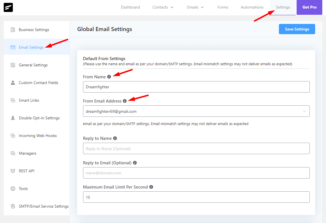 FluentCRM email settings