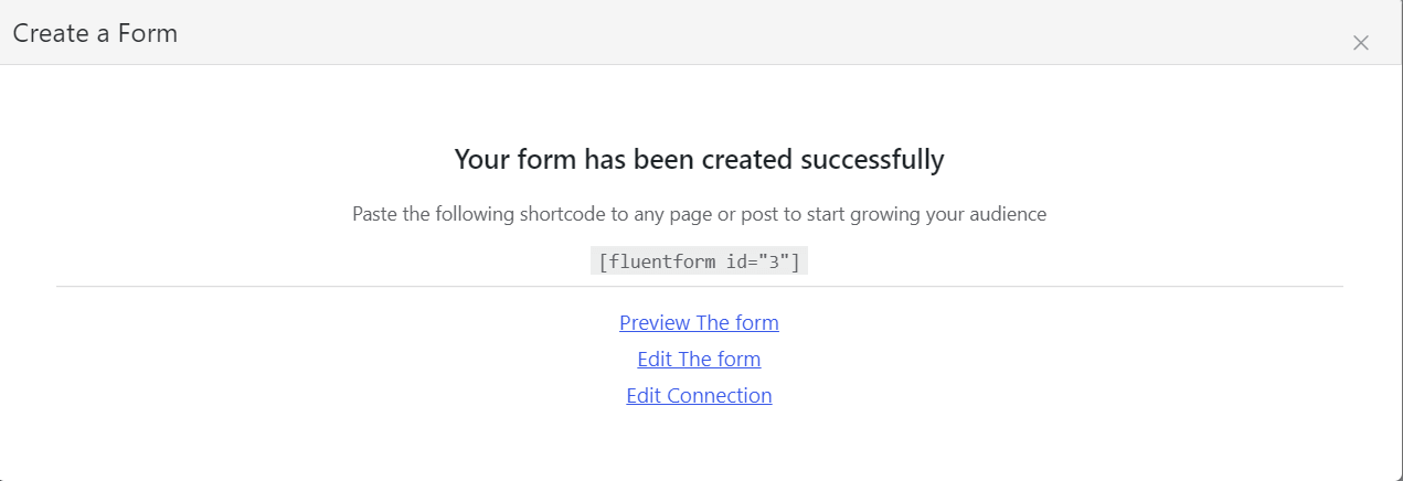 Form successfully created message