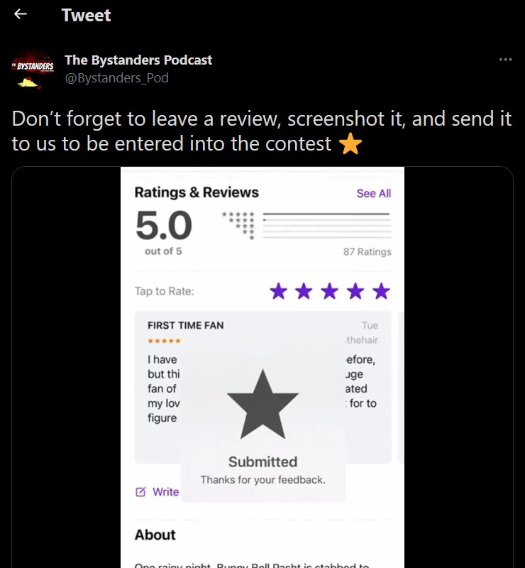 Example of the bystanders podcast giveaway
