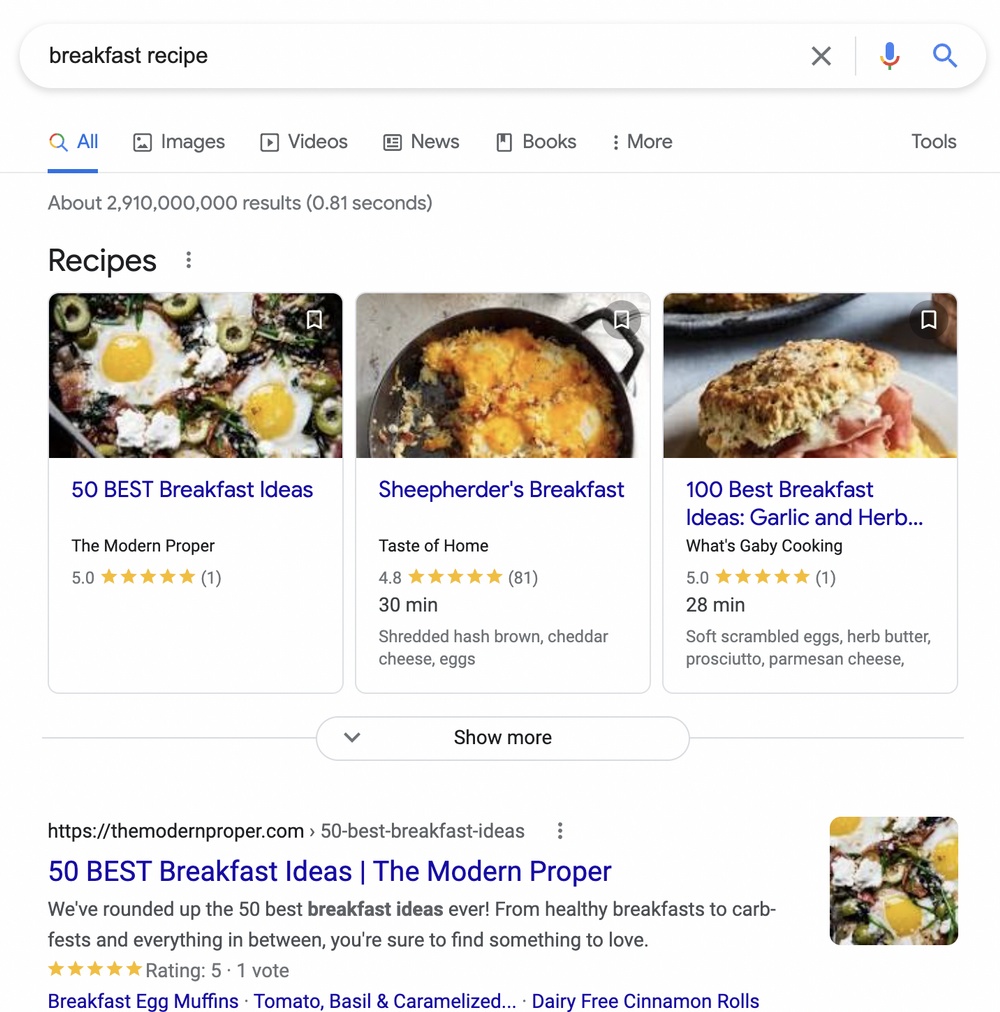 Recipe schema in google