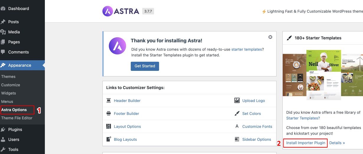 Astra Dashboard Setting Option