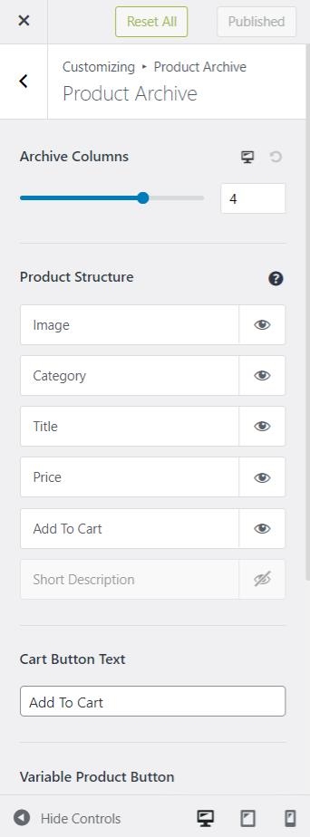 Product customizer settings of Astra
