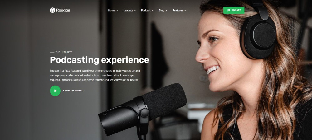 Roogan podcast WordPress theme website home page
