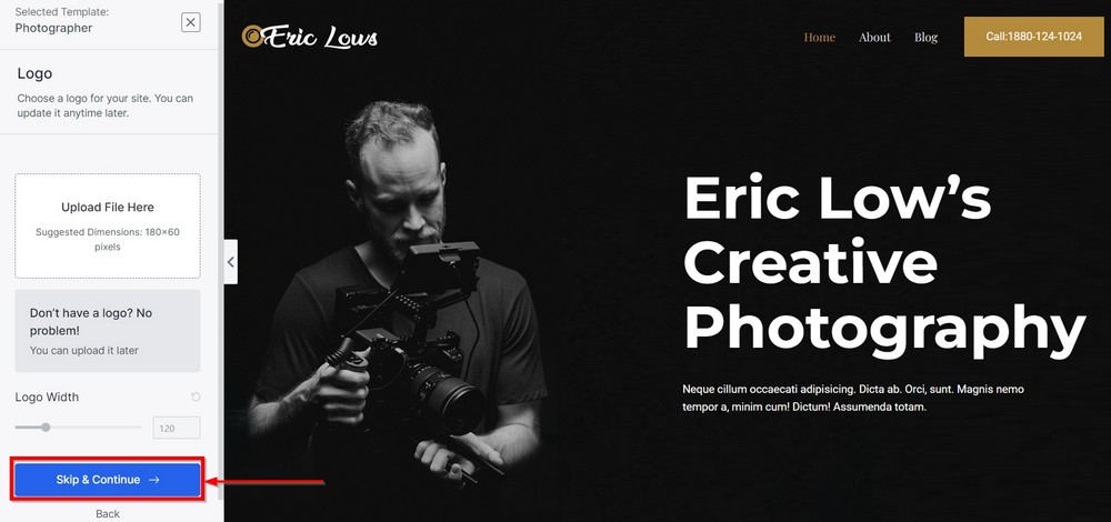 add logo on astra starter template to create photography website