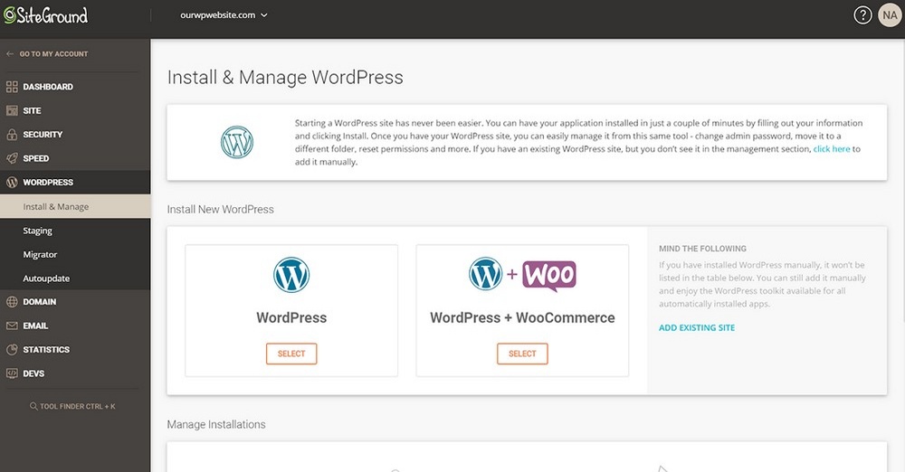 Example of WordPress installation using SiteGround Wizard