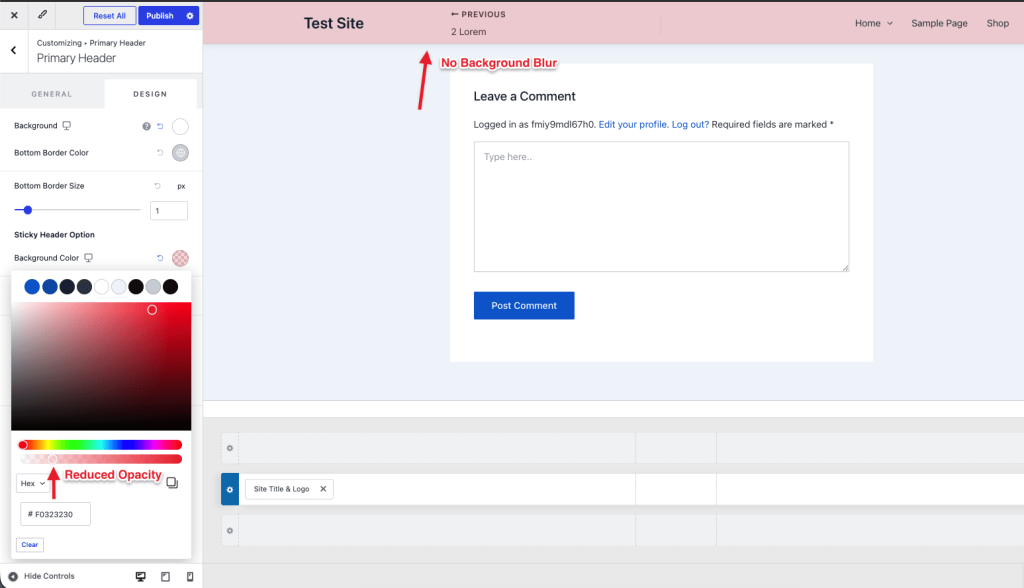 sticky header background opacity without background blur