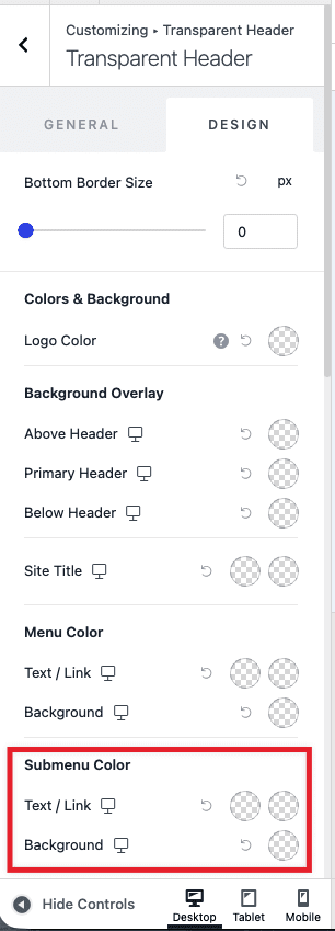How To Fix Not Being Able To Edit Submenu Colors, Above and Below Header? transparent header submenu color
