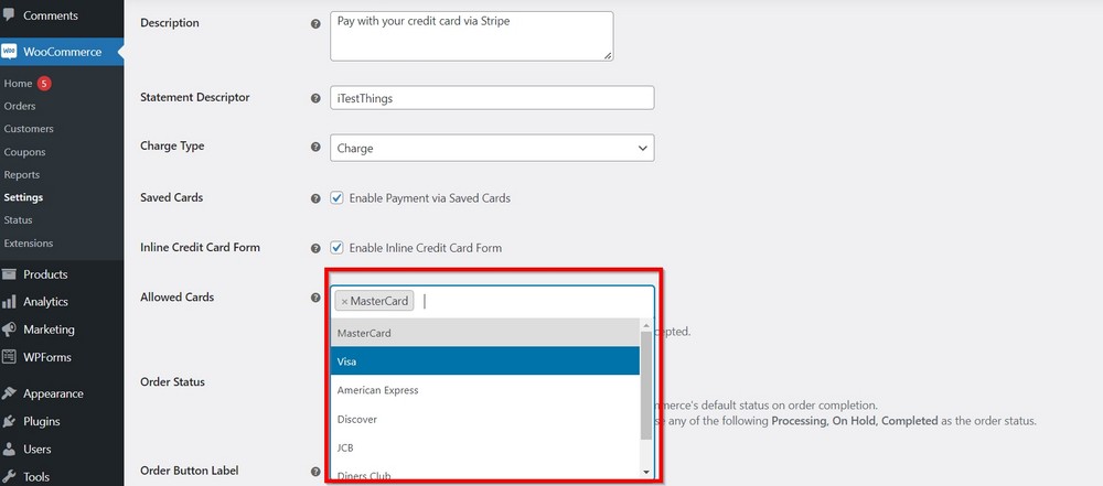 limit credit cards on woocommerce payment page