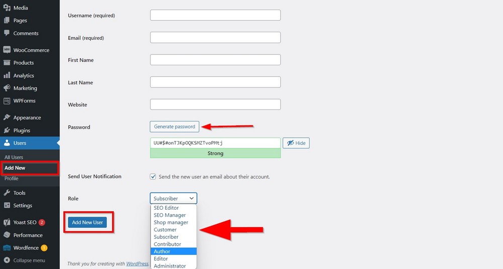 create new user in wordpress