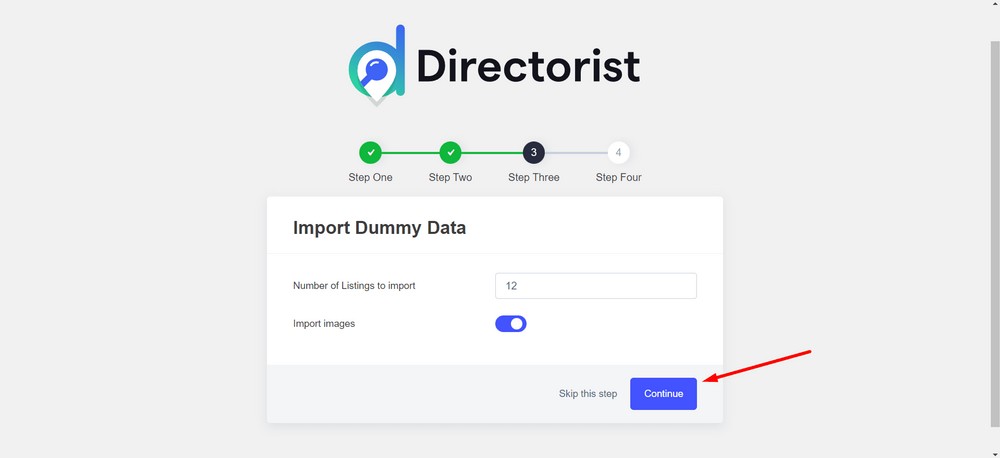 directorist setup wizard - import images - continue