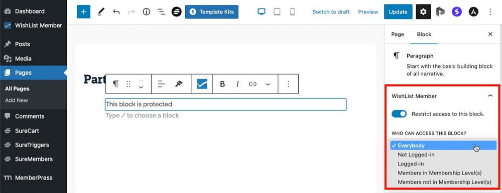 How to protect individual blocks in WishList Member
