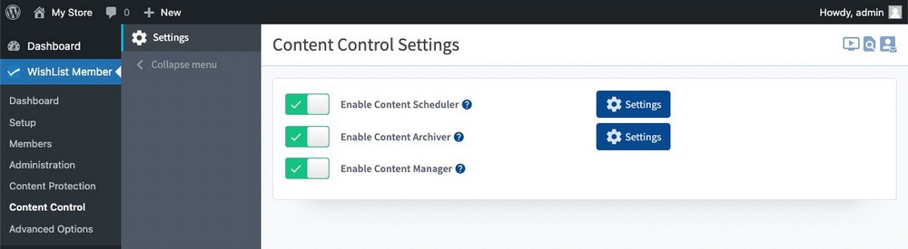 WishList Content Control Settings