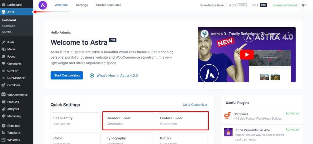 Astra header and footer builder