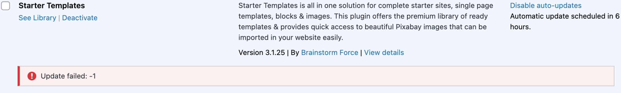 How to Resolve Update Failed: -1 issue with Starter Templates plugin?