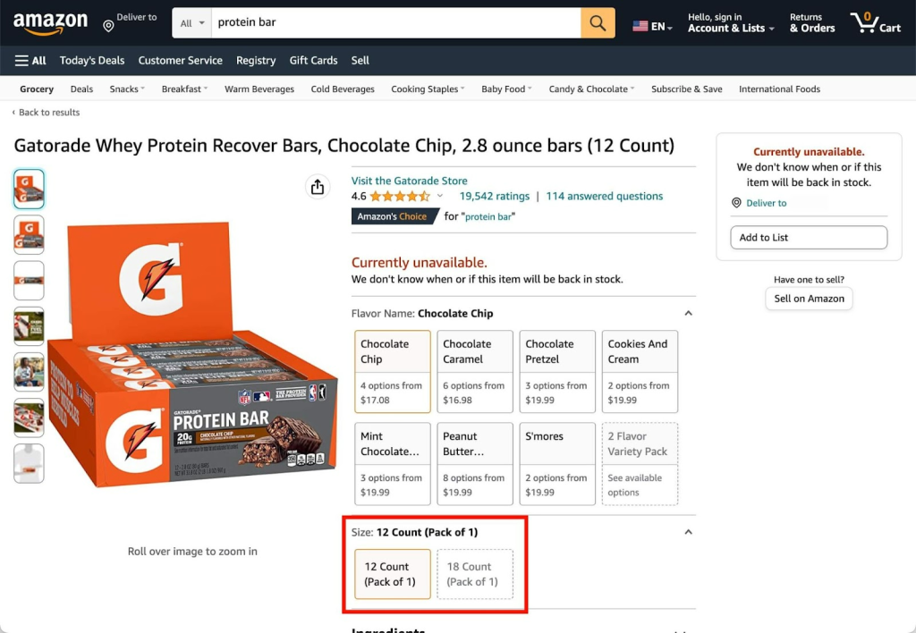 sizes of protein bar