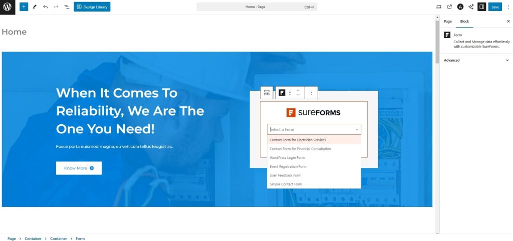Add SureForms Block on Homepage