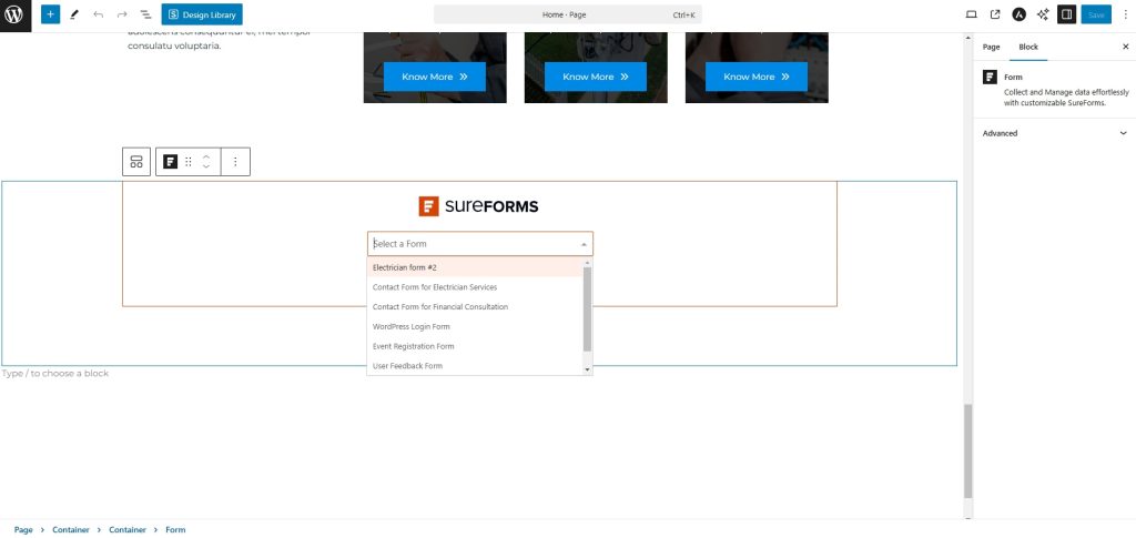 Selecting SureForms on Block Editor