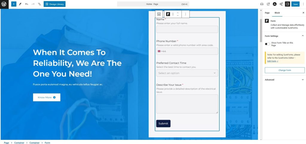 SureForms on the Hero Section