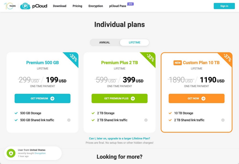 pCloud pricing page