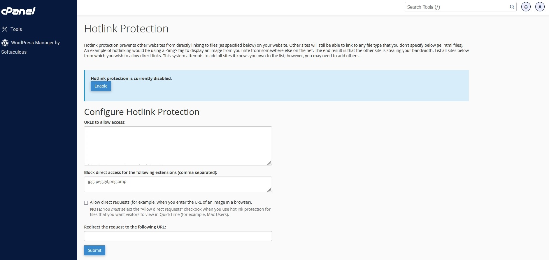 Check Image Hotlinking Prevention in cPanel