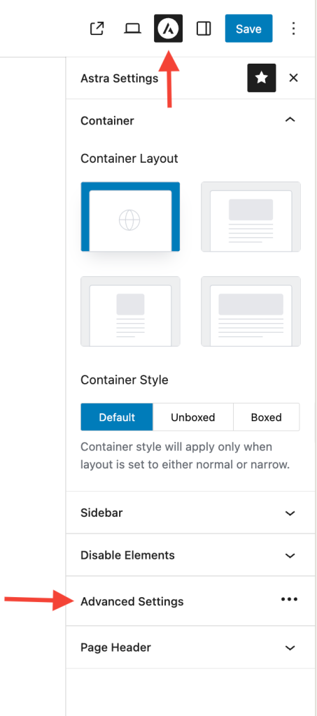 page specific Astra meta settings