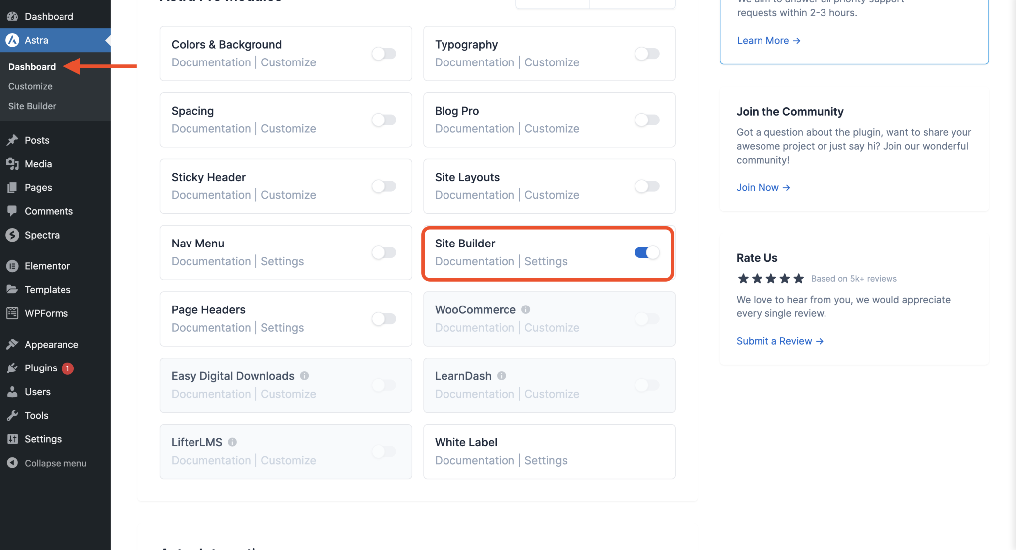 Quick Access to Edit the Site Builder & Page Header