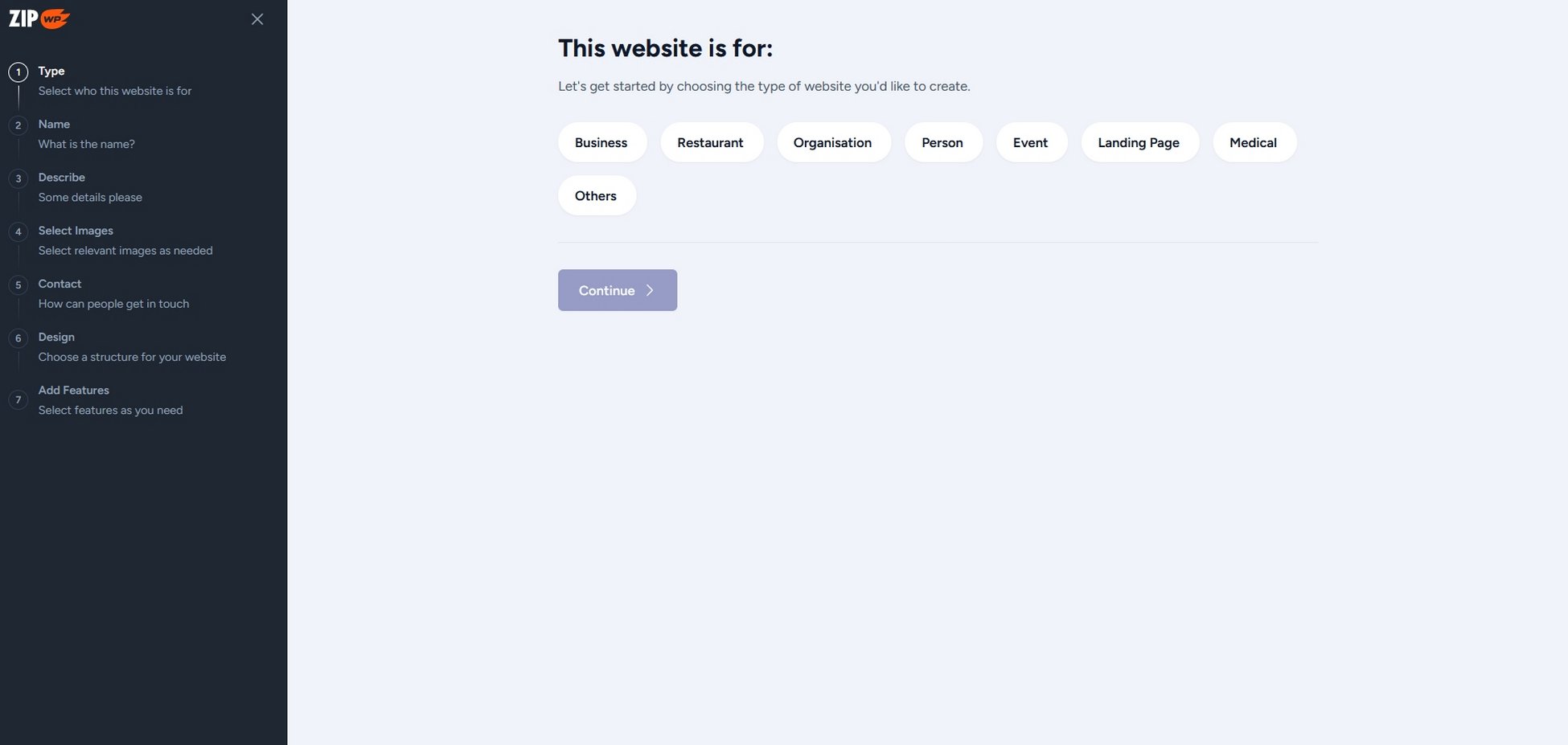 Select the purpose of your new website