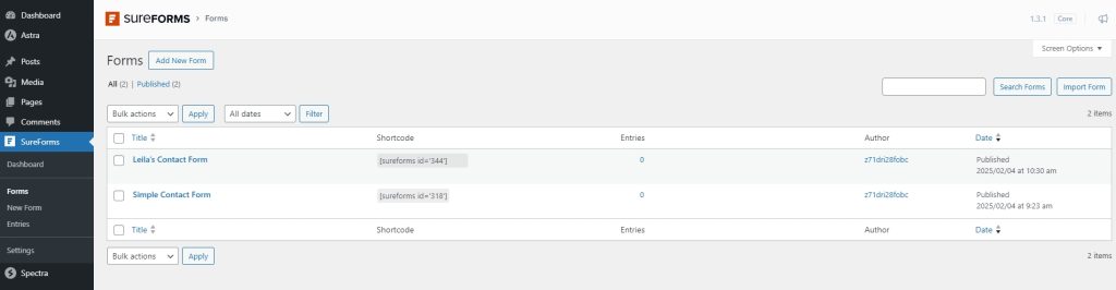 All forms list on SureForms