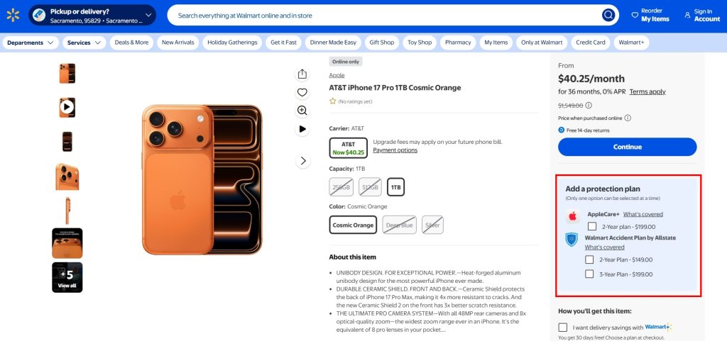 A phone store offers a protection plan alongside the handset.