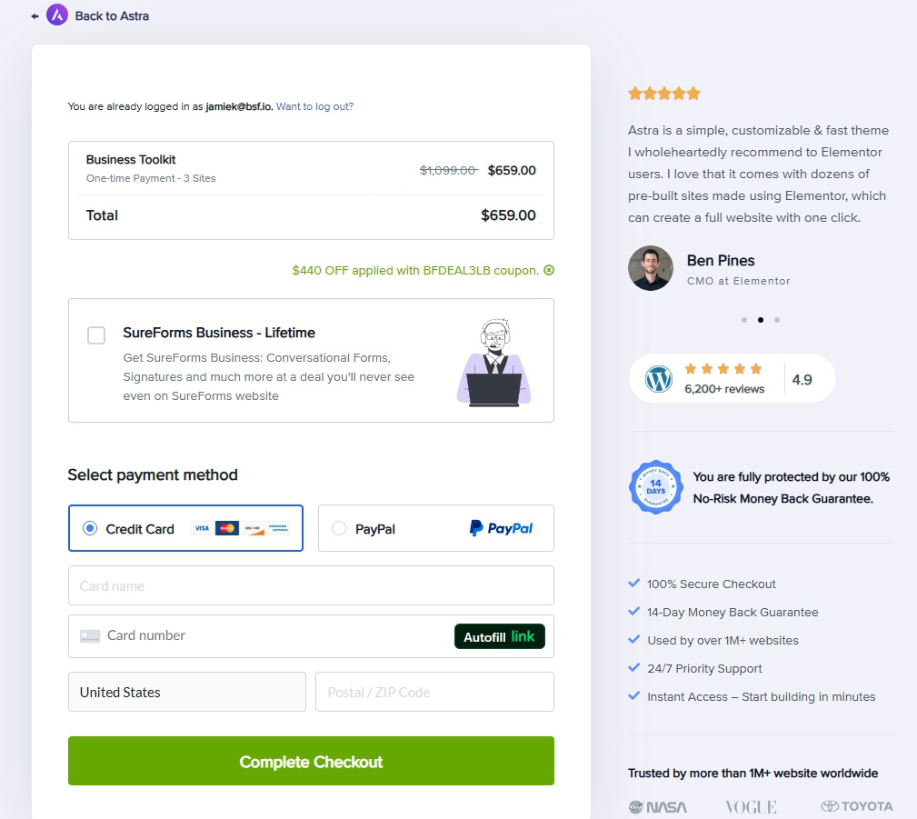 Astra WordPress theme for website building.