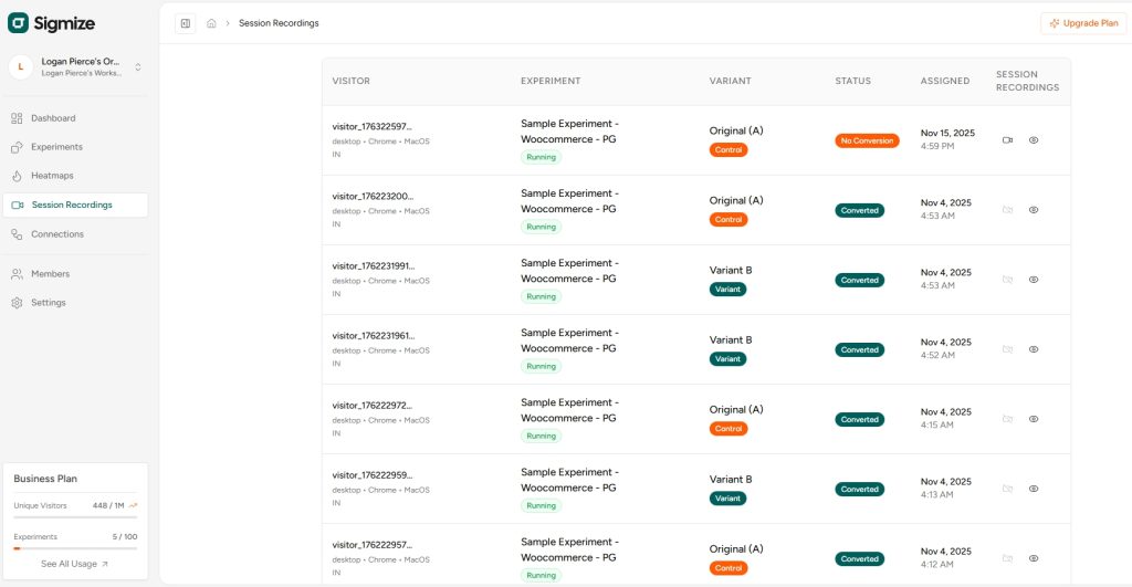 Sigmize anonymously records user sessions and stores them so you can check any experiment at any time