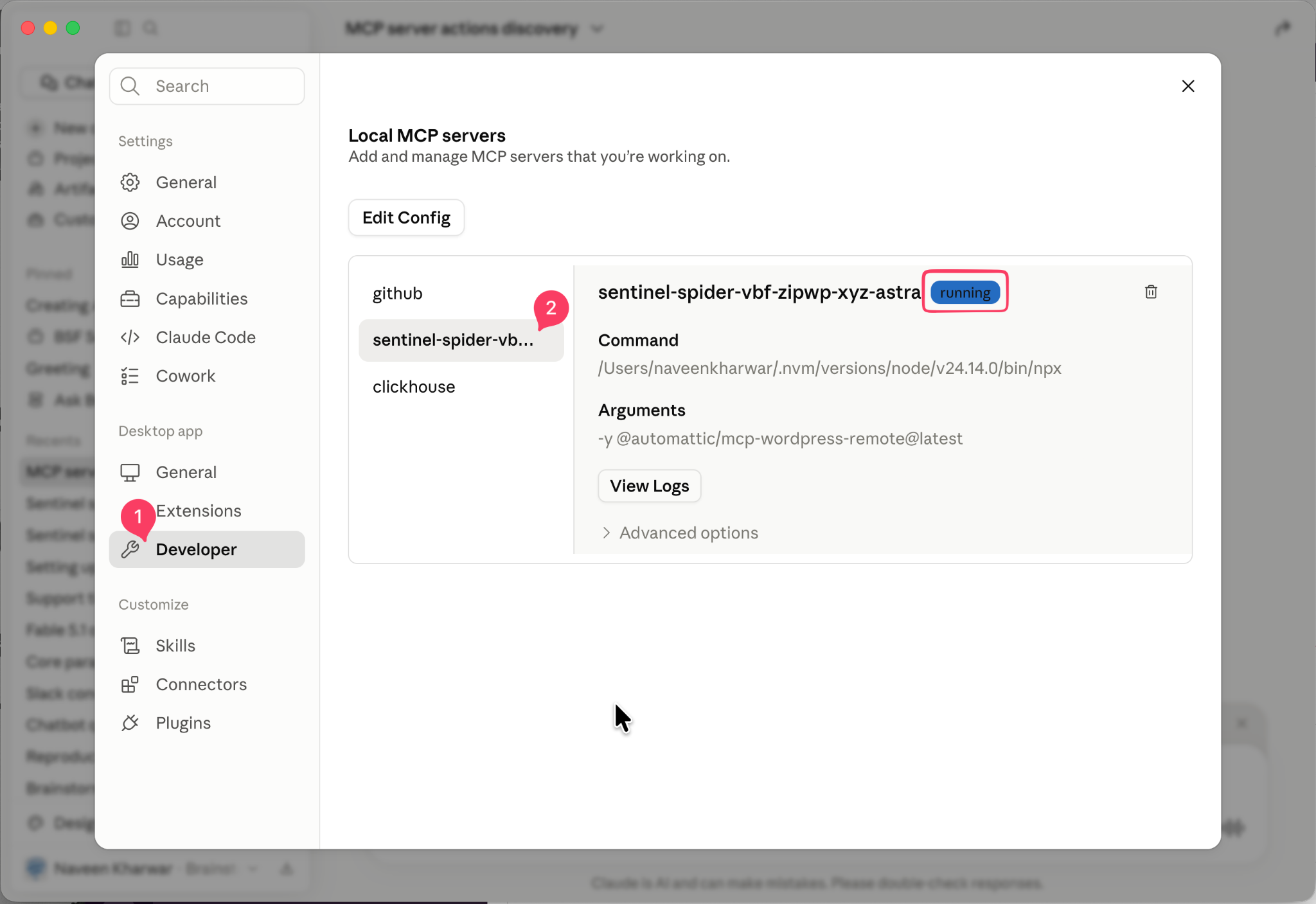 MCP developer settings