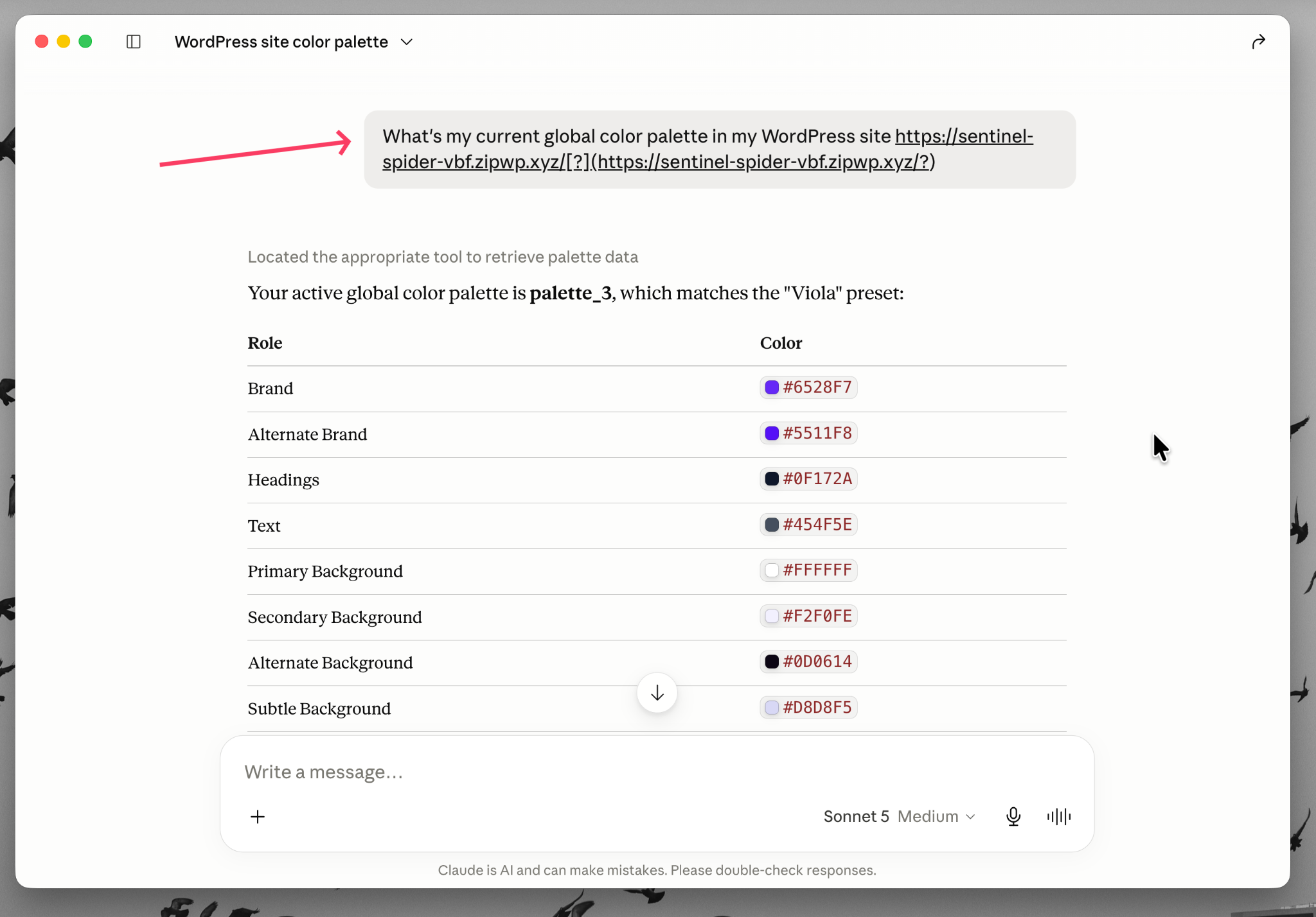 WordPress site color palette