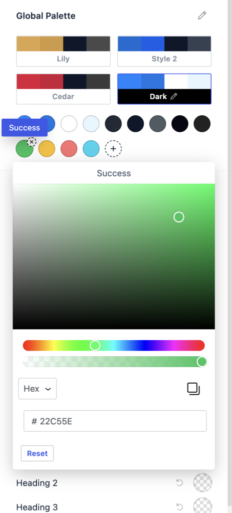 Custom Global Colors Success dark palette