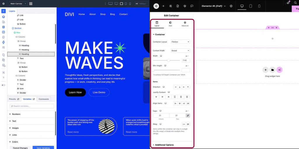 divi's builder vs elementor 's container structure