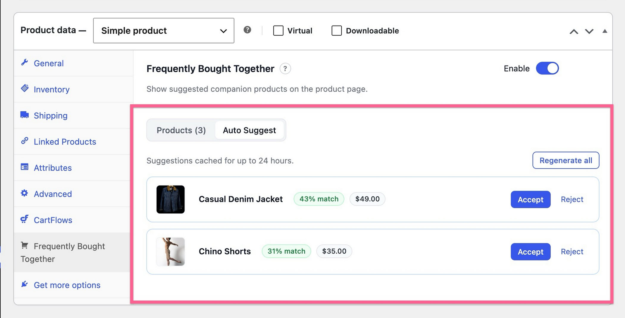 WooCommerce Frequently Bought Together: How to Add It to Your Store Auto Suggest results showing match percentages for suggested companion products