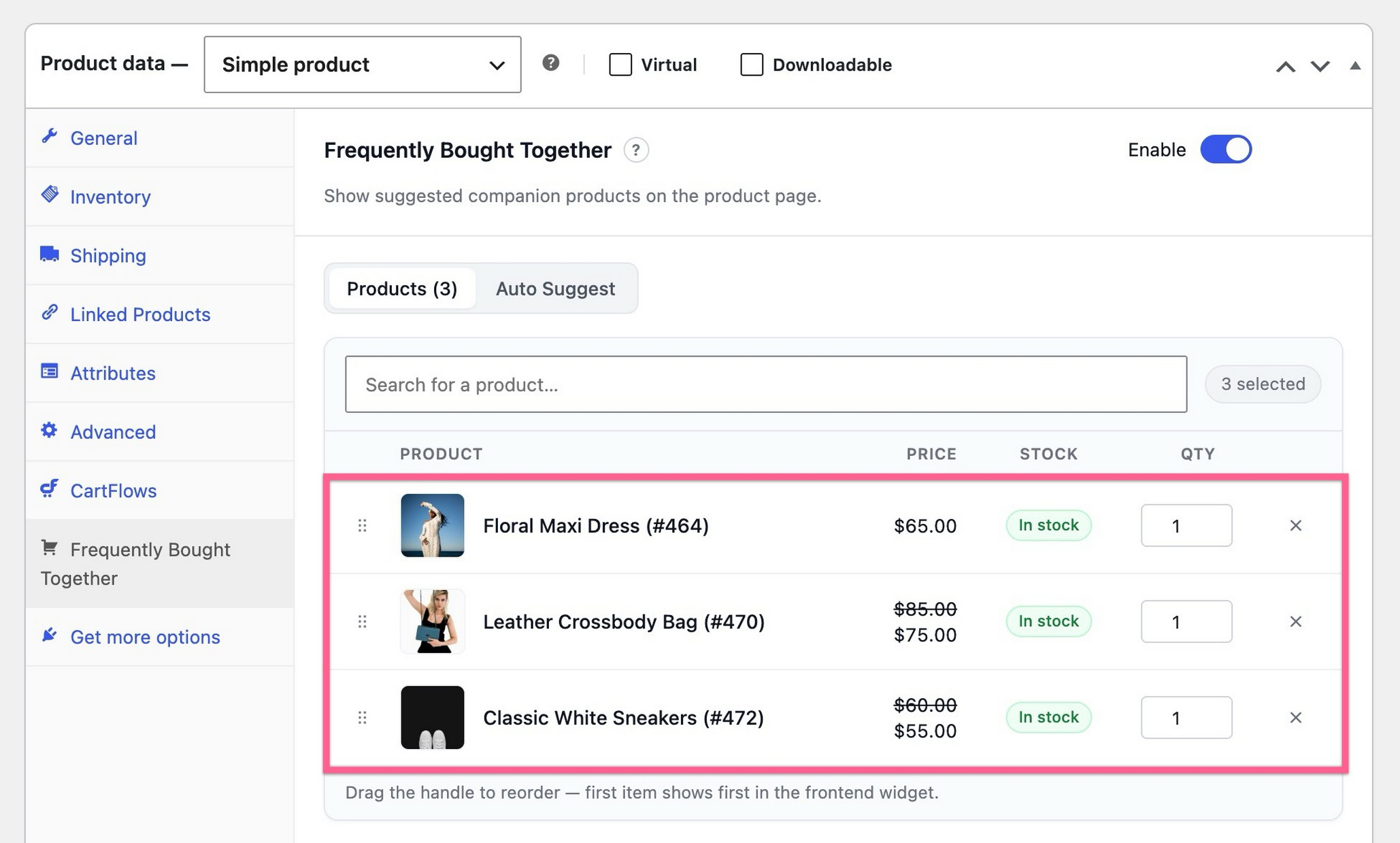 WooCommerce Frequently Bought Together: How to Add It to Your Store hree companion products listed with drag handles in the WooCommerce product editor